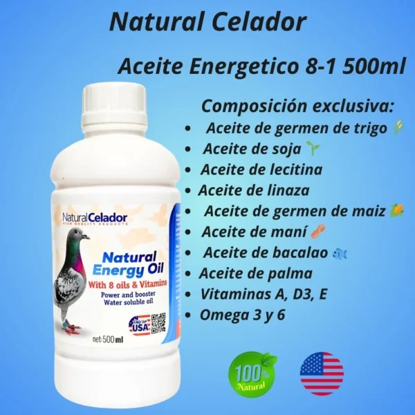 Oil Energy 8 en 1 – Celador Natural | Poder Nutritivo y Energía Explosiva para Palomas
